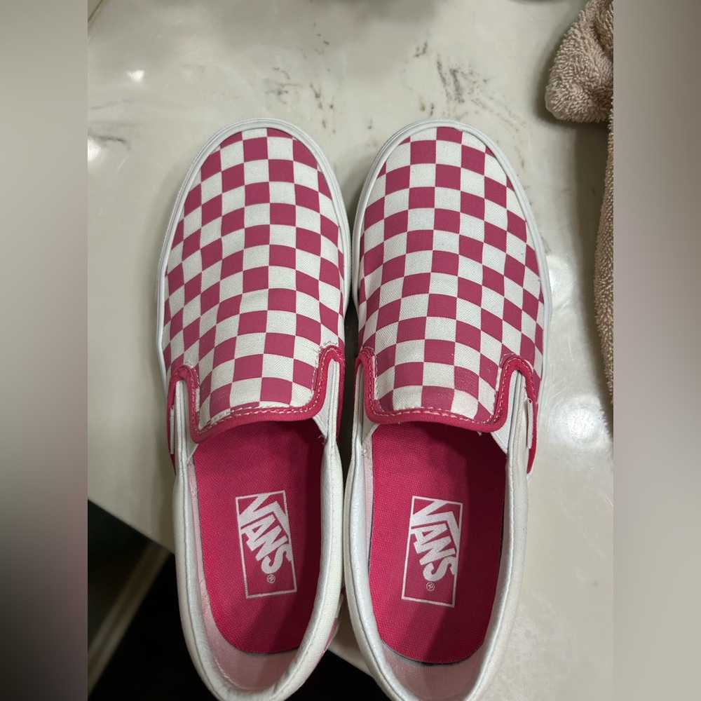 Pink checkered slip on vans
